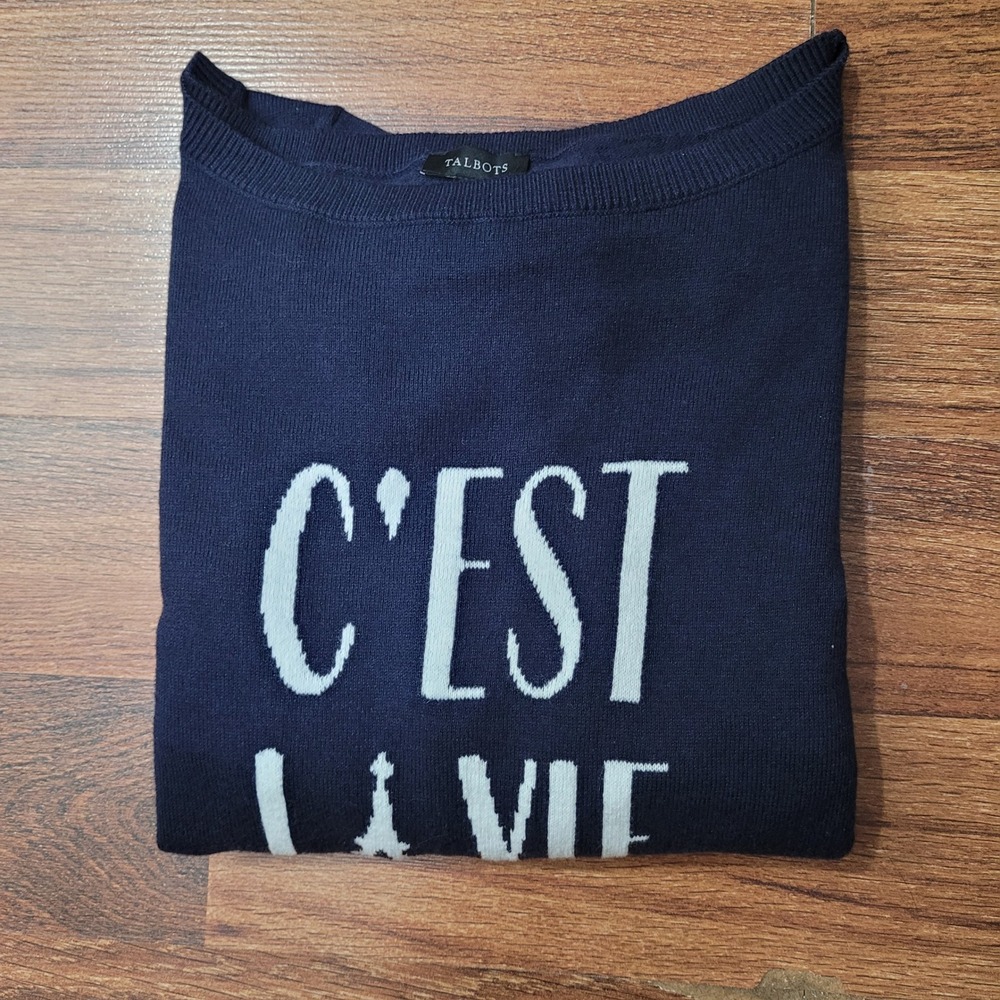 Talbots Navy Cest La Vie Paris Eiffel Tower Sweater Women's Size S Cotton‎ Blend